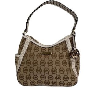 MICHAEL KORS TAN AND BROWN MONOGRAM HANDBAG WITH LEATHER BRAIDED SHOULDER STRAP